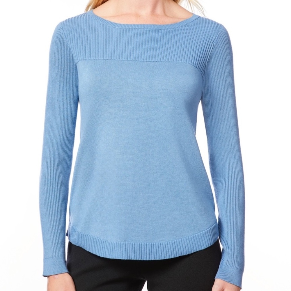 Melissa Paige Womens Large Medium Pullover Sweater Blue Curved Hem Long Sleeves